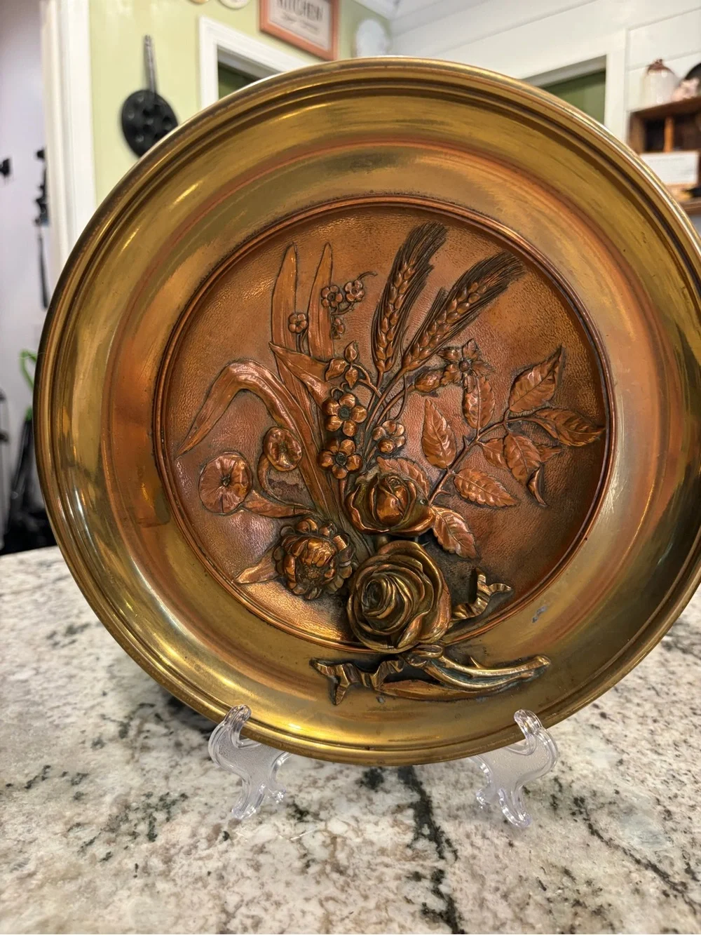 Decorative Floral Relief Metal Wall Plate - Brass Finish